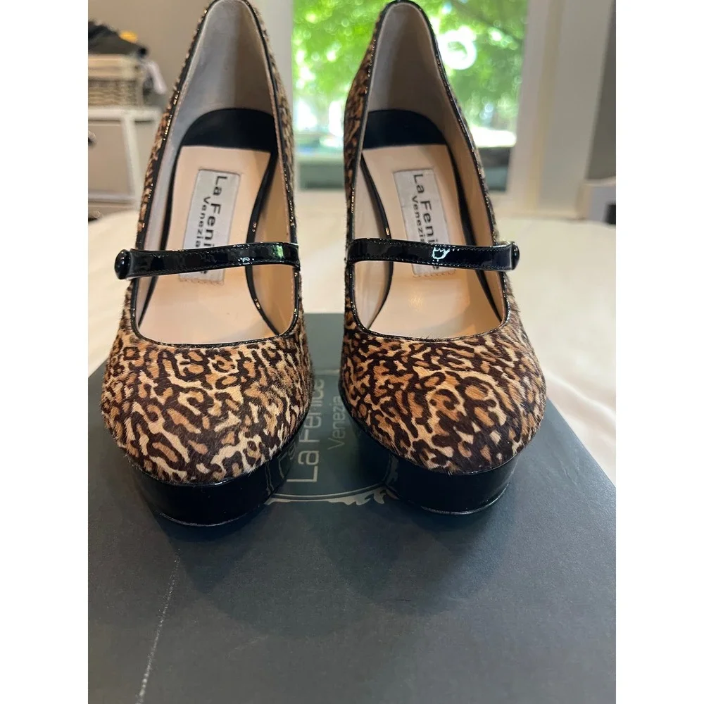 La Fenice Venezia Ginevra Leopard Calf Hair Platform Mary Jane Pumps Heels 5